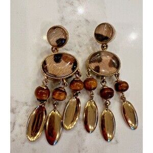 CHICO'S Gold Tone Animal Leopard Print Chandelier  Drop  Earrings with Beads